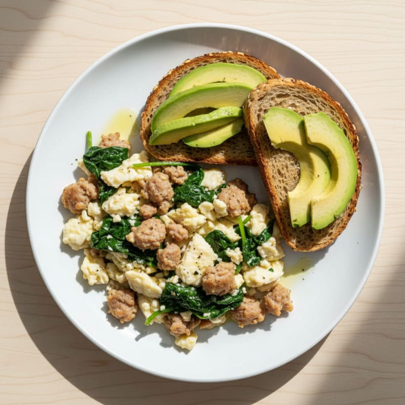 Egg White Scramble with Turkey Sausage and Sautéed Spinach