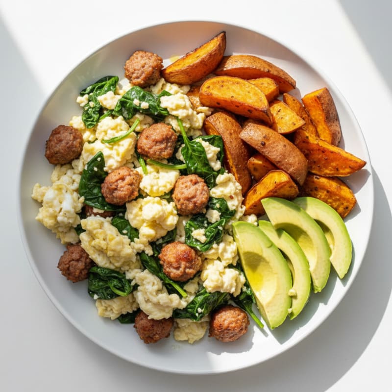 Egg White and Chicken Sausage Scramble with Sautéed Spinach