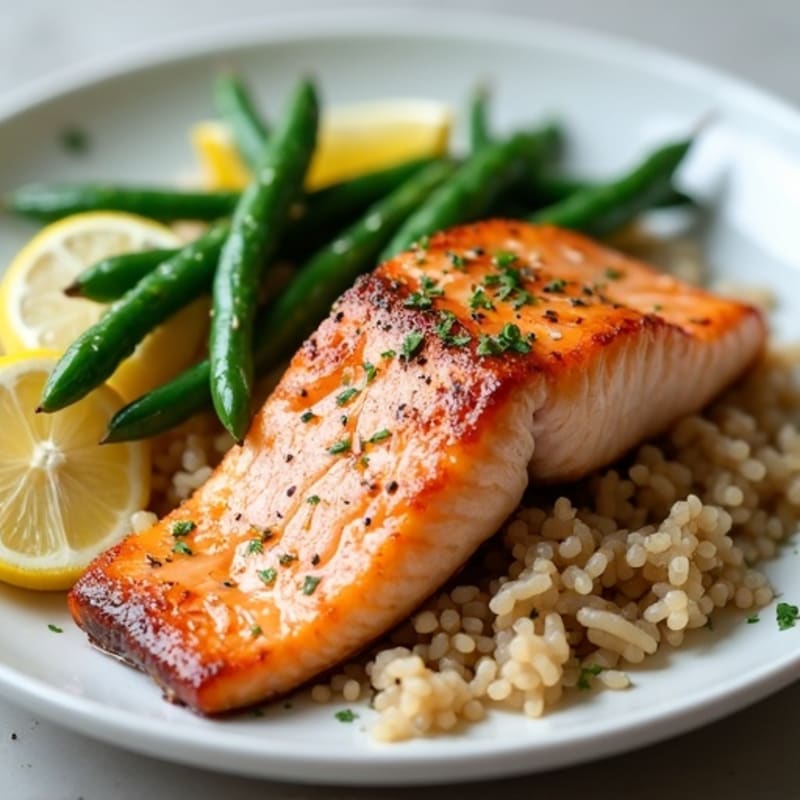 Seared Salmon with Garlic Green Beans and Brown Rice