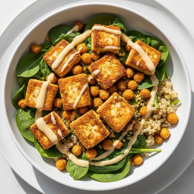 Crispy Tofu Quinoa Bowl with Roasted Chickpeas and Tahini Drizzle