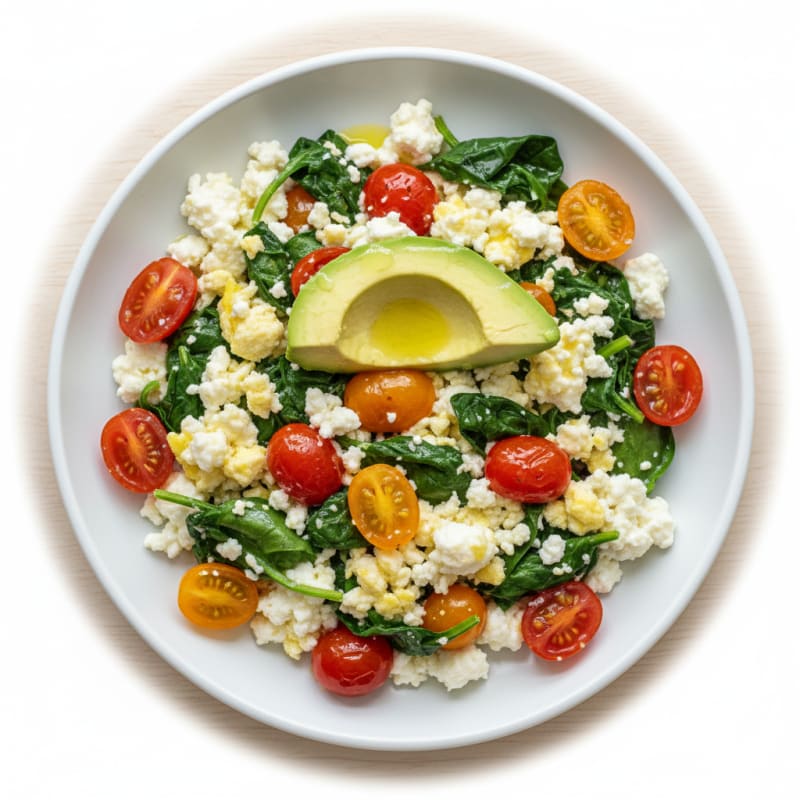 Cottage Cheese Egg Scramble with Spinach and Cherry Tomatoes