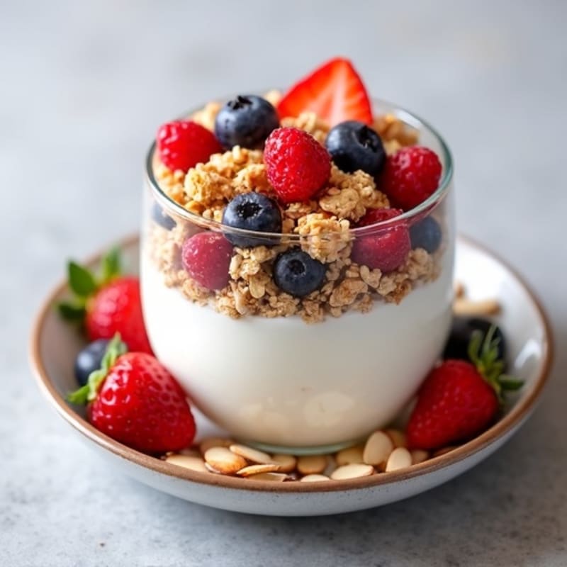 Greek Yogurt Parfait with Crunchy Almond Granola and Fresh Berries