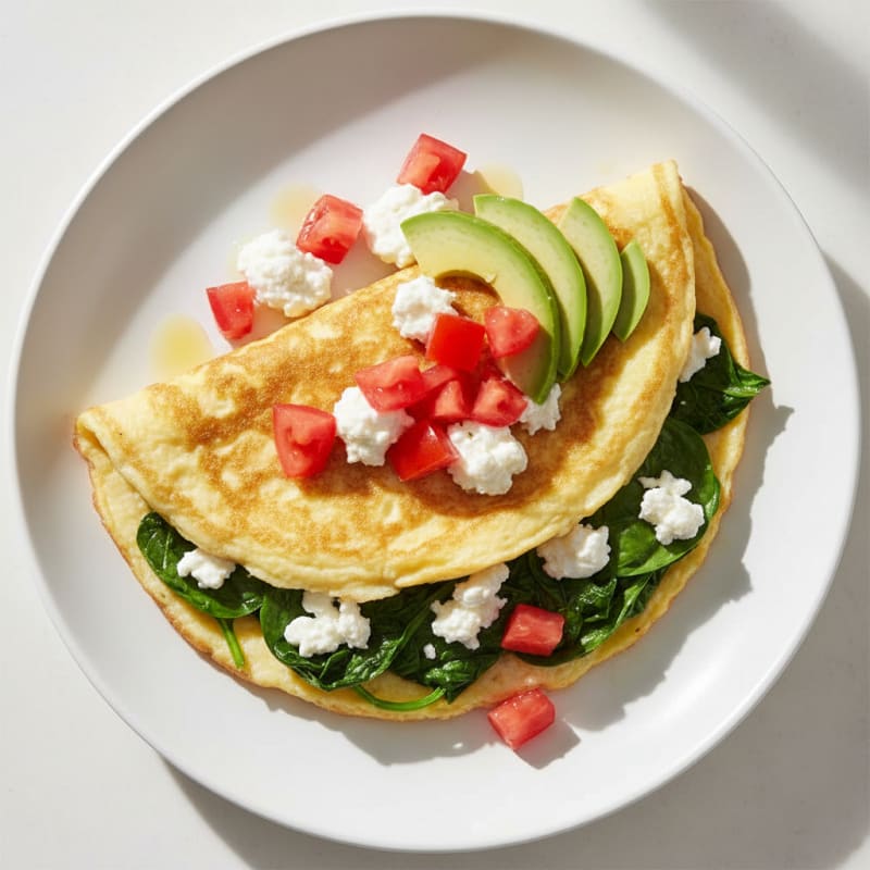 Egg White Spinach Omelet with Cottage Cheese and Fresh Tomatoes