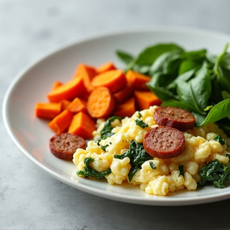 Egg White and Turkey Sausage Scramble with Spinach and Roasted Sweet Potatoes