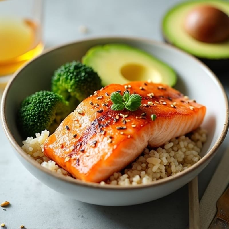 Sesame-Ginger Seared Salmon Rice Bowl with Creamy Avocado