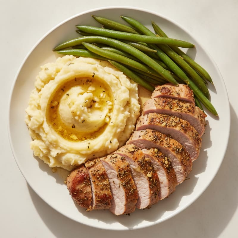 Herb-Roasted Pork Tenderloin with Garlic Mashed Potatoes and Steamed Green Beans