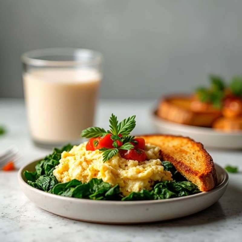 High-Protein Spinach Scramble with Crispy Keto Toast, Fresh Salsa, and Creamy PB2 Almond Milk