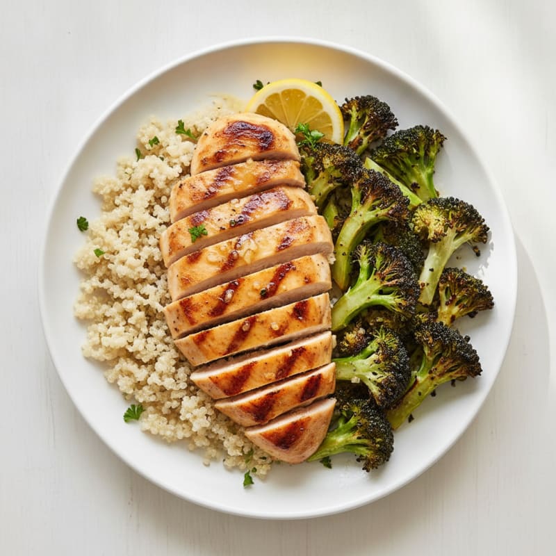 Grilled Lemon Garlic Chicken Breast with Quinoa and Roasted Broccoli