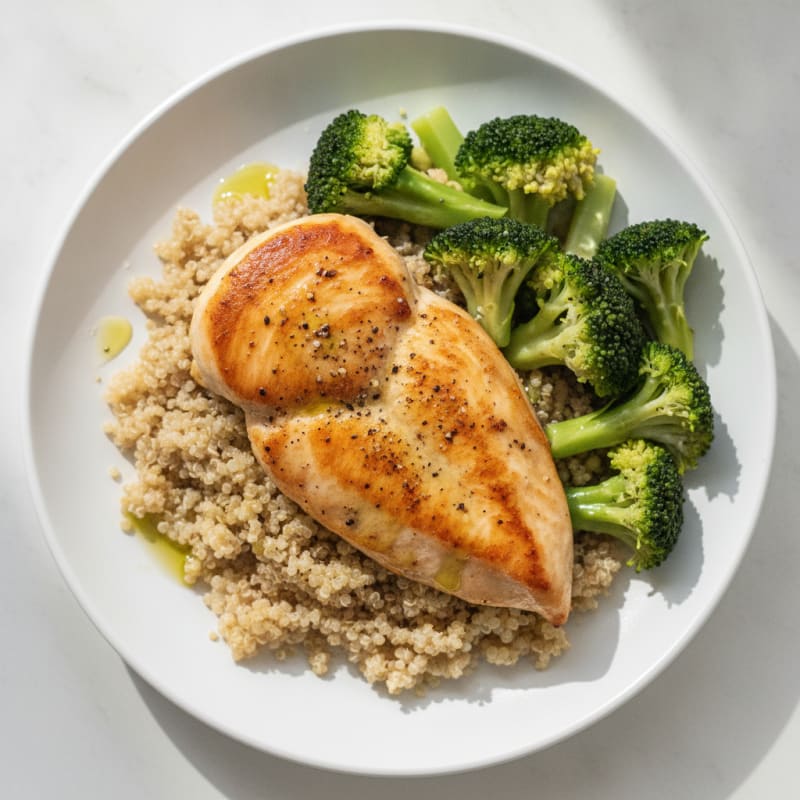 Seared Chicken Breast with Quinoa and Steamed Broccoli
