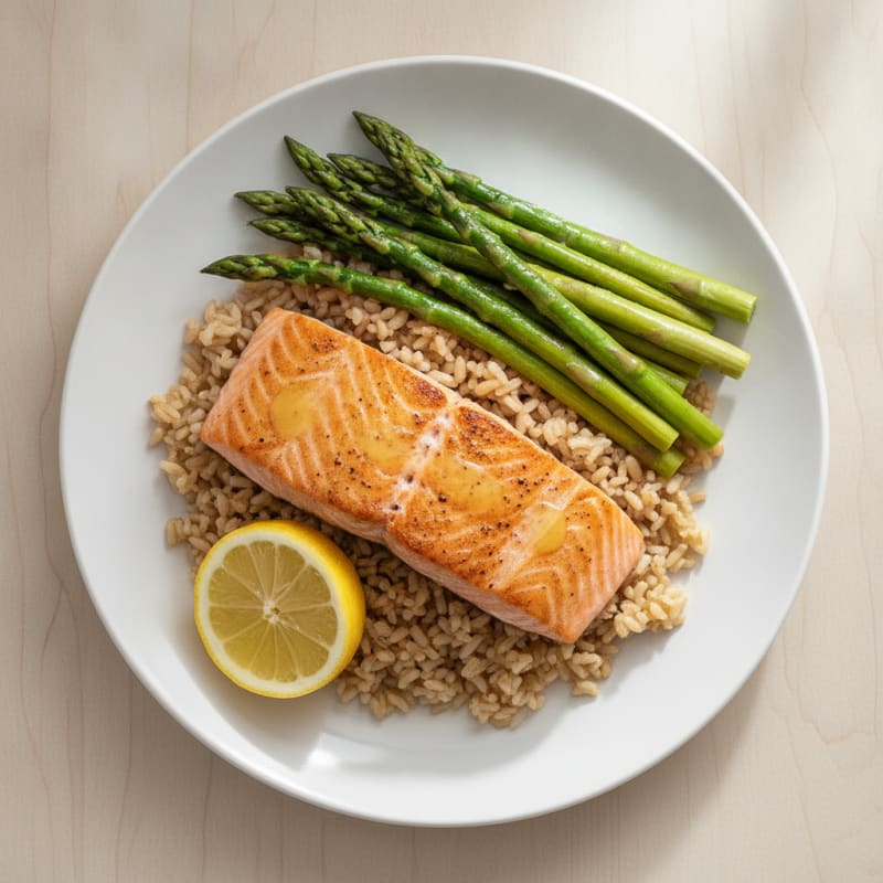 Seared Salmon Fillet with Steamed Asparagus and Brown Rice