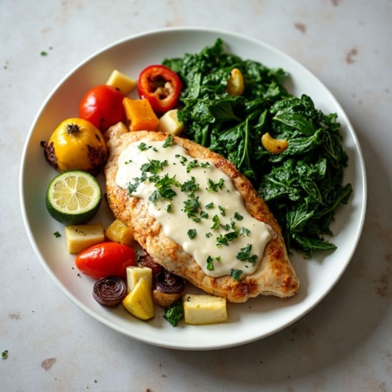 Sheet Pan Chicken with Creamy Spinach Artichoke Sauce and Roasted Vegetables