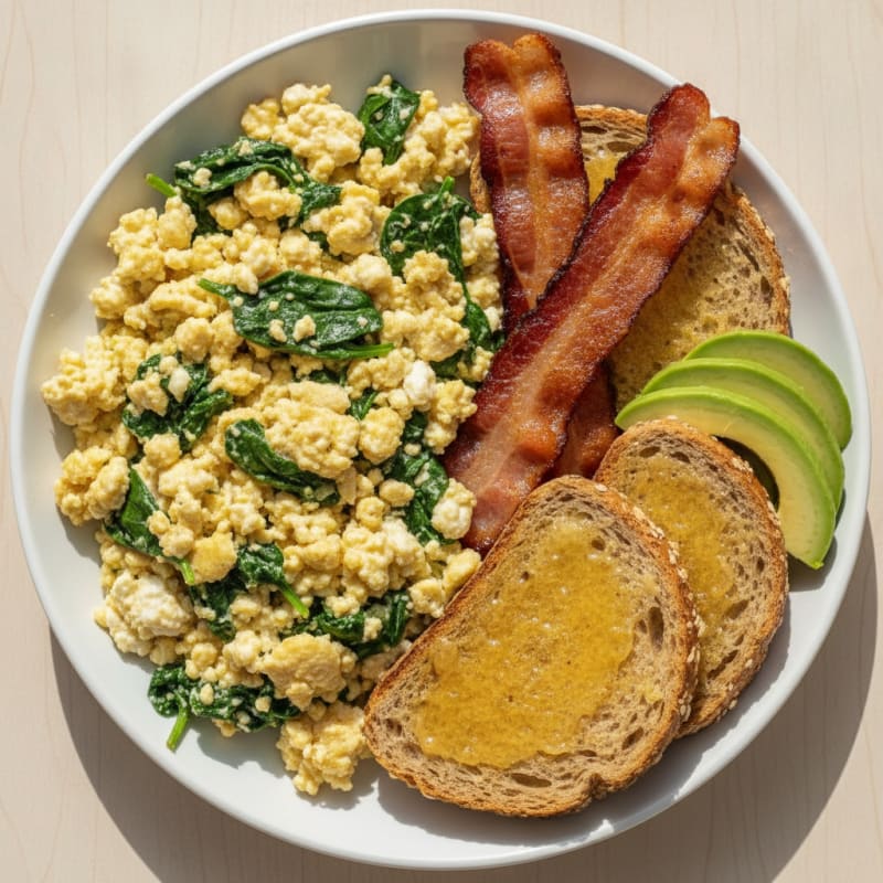 Cottage Cheese Scramble with Spinach and Turkey Bacon