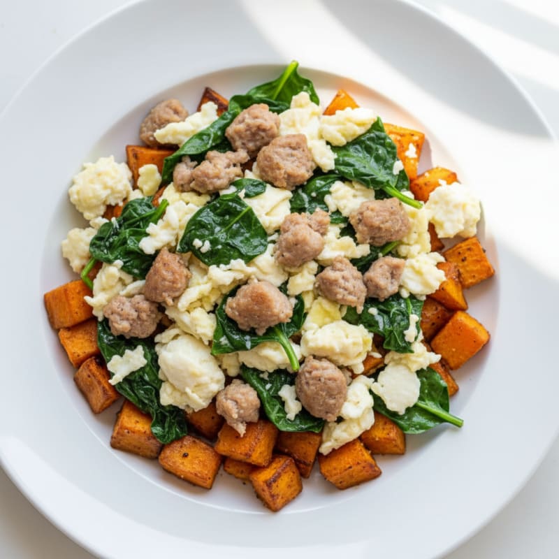 Egg White and Turkey Sausage Scramble with Spinach and Roasted Sweet Potatoes
