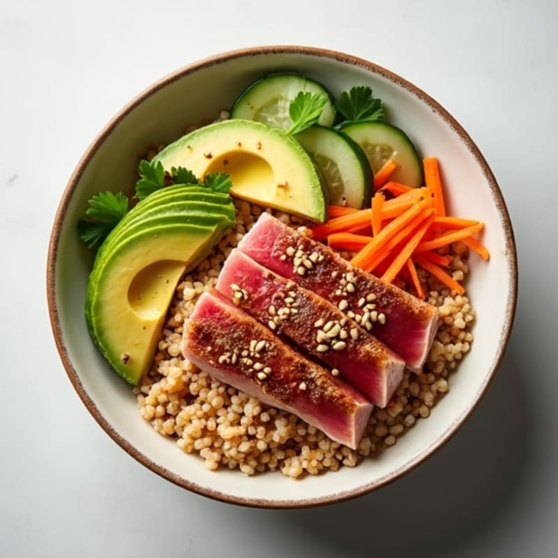 Fresh Sesame Tuna Rice Bowl with Avocado and Crisp Vegetables