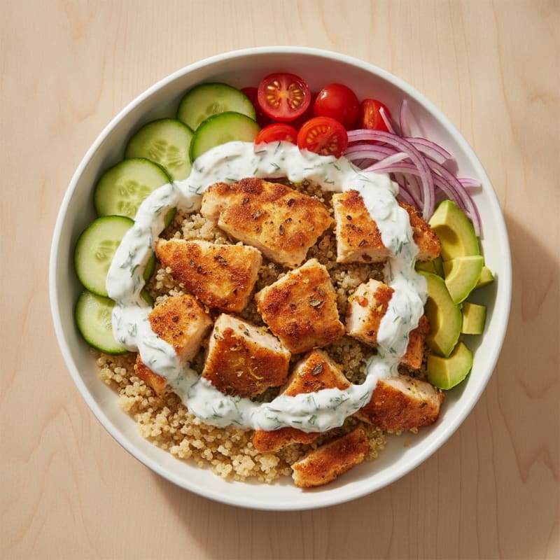 Tangy Air-Fried Chicken Mediterranean Bowl