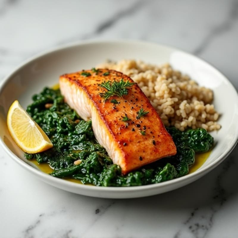 Seared Salmon with Garlic Spinach and Brown Rice