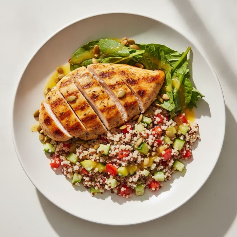 Grilled Chicken Breast with Quinoa and Crunchy Vegetable Salad