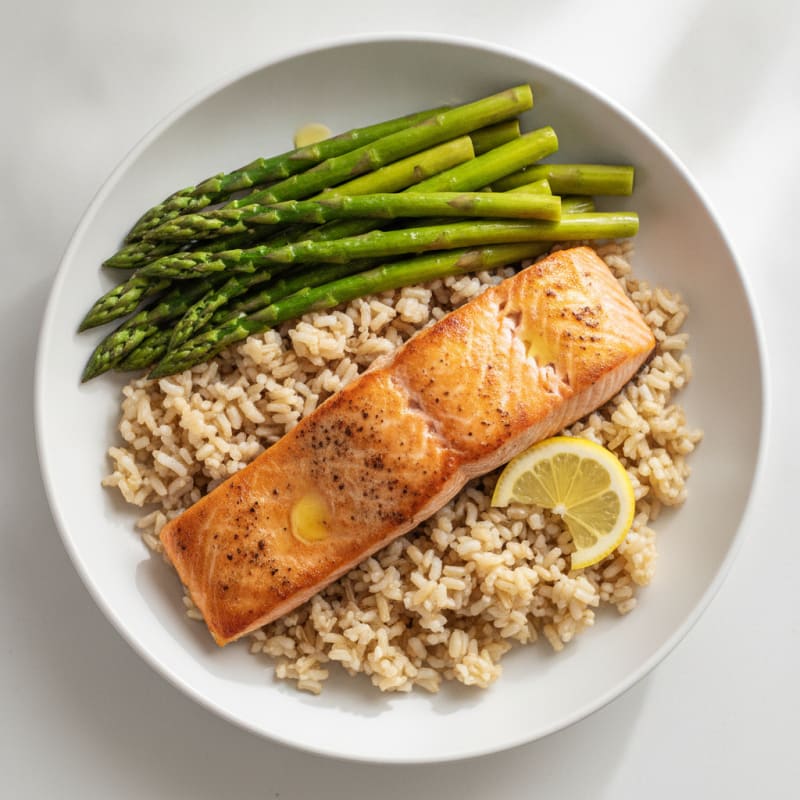 Seared Salmon with Steamed Asparagus and Brown Rice