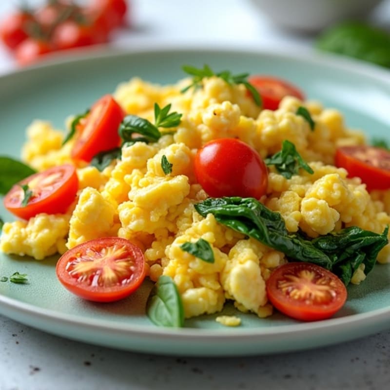Fluffy Scrambled Eggs with Fresh Spinach, Cherry Tomatoes & Turkey Breast
