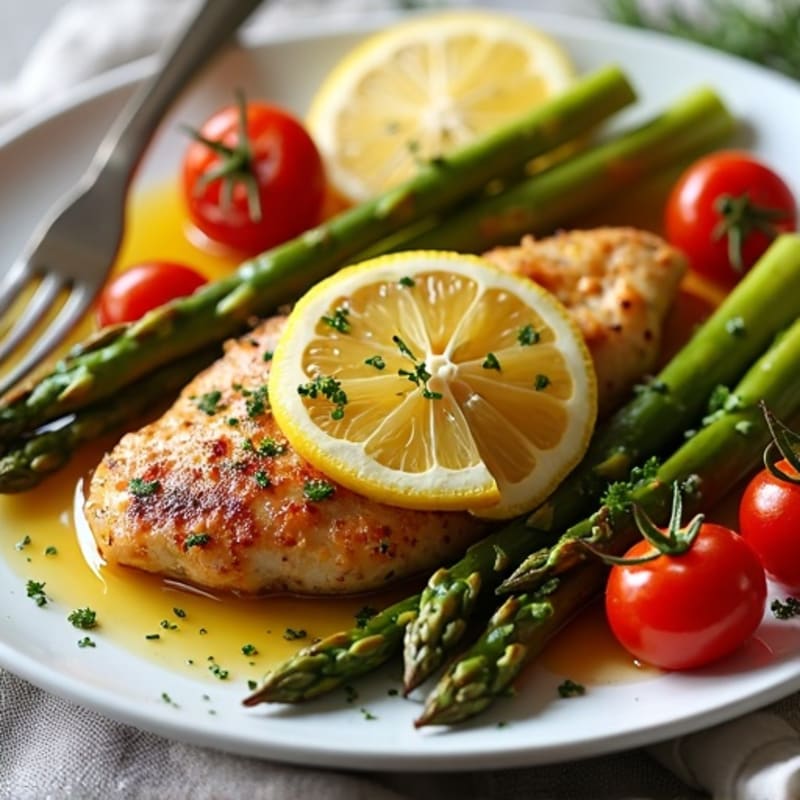Sheet Pan Lemon-Herb Roasted Chicken with Crispy Asparagus and Cherry Tomatoes