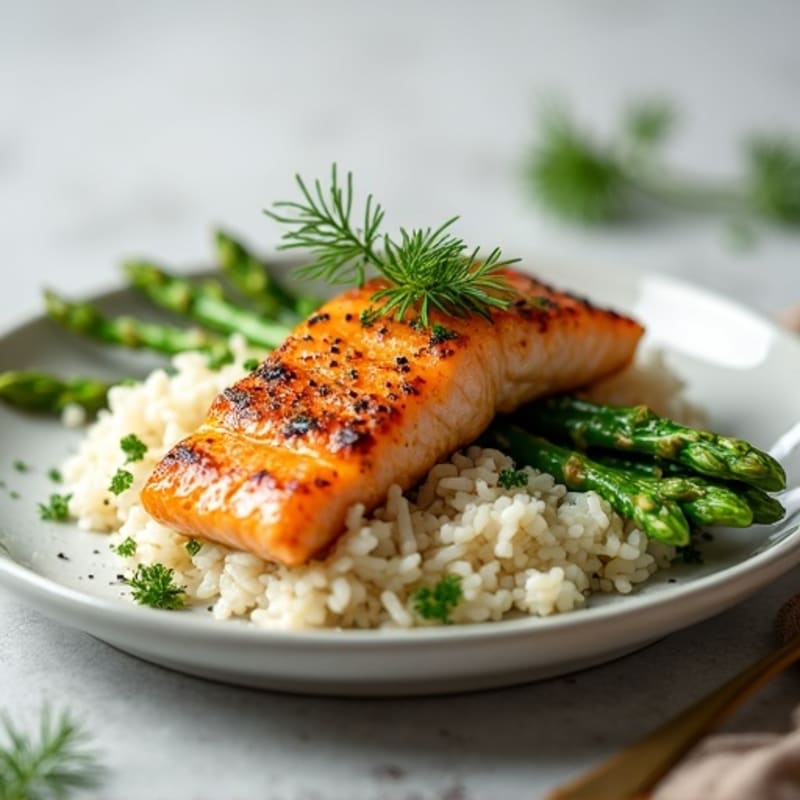 Seared Salmon with Steamed Asparagus and Herb Rice