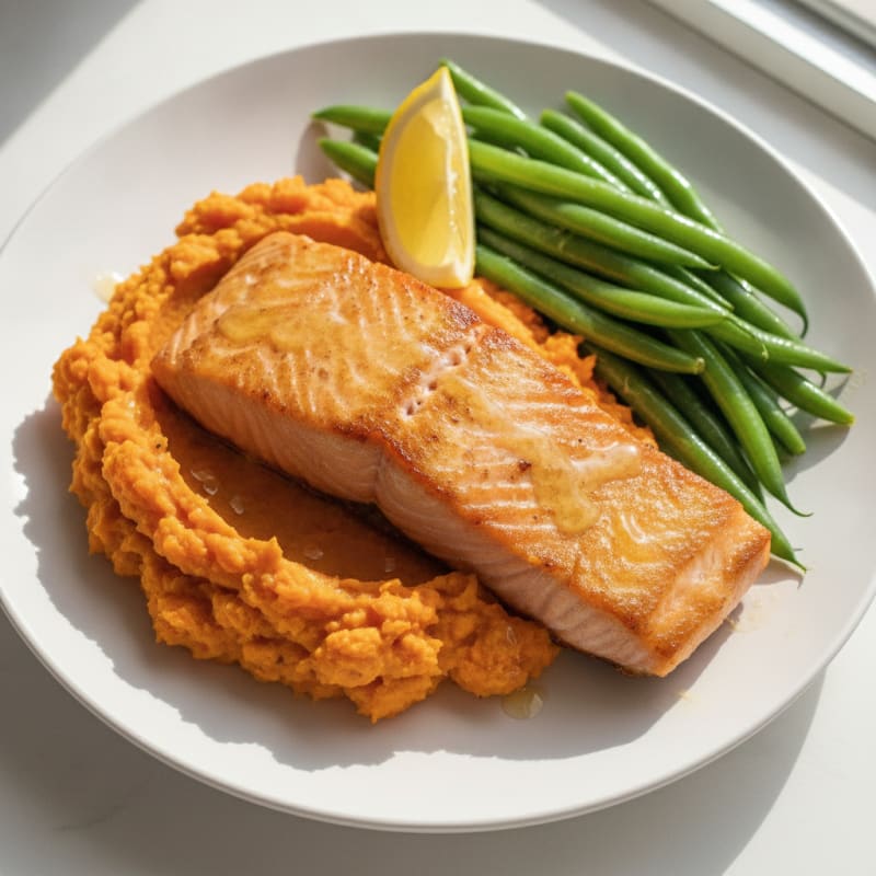 Seared Salmon with Steamed Green Beans and Sweet Potato Mash