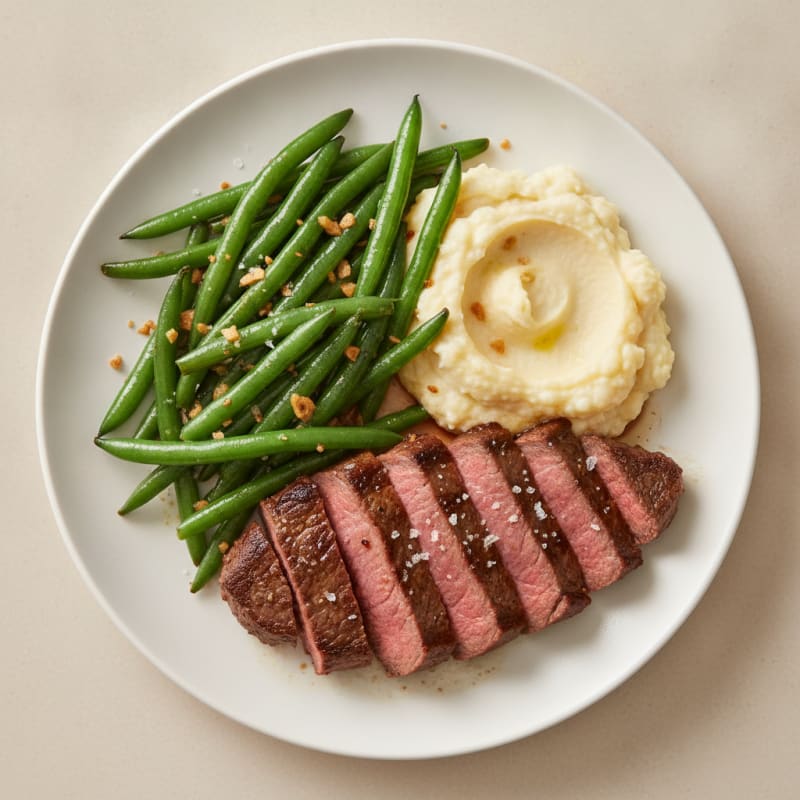 Seared Lean Beef with Garlic Green Beans and Cauliflower Mash