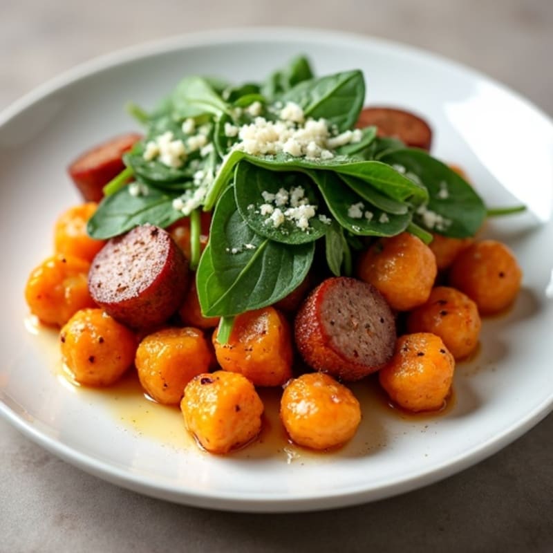 Crispy Sweet Potato Gnocchi with Lean Sausage and Garlicky Greens