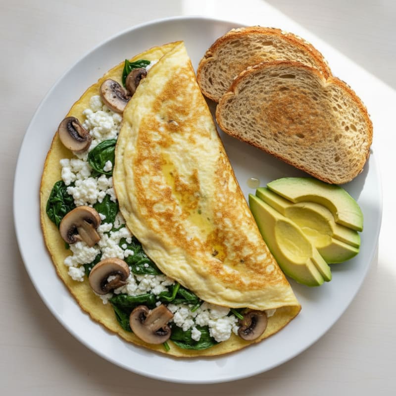 Egg White Spinach Omelette with Cottage Cheese and Sautéed Mushrooms