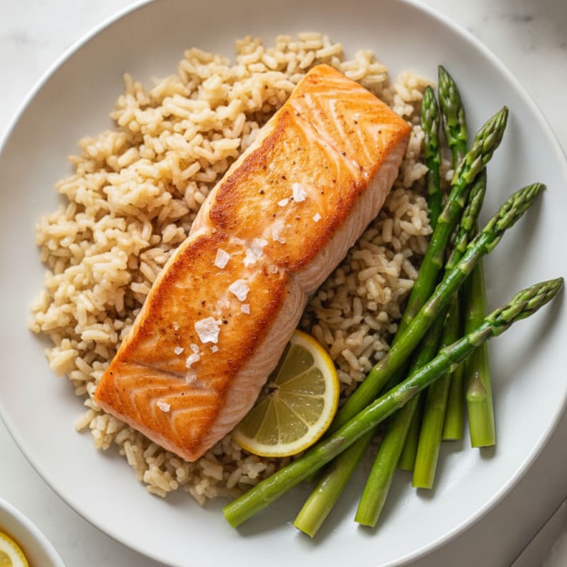 Seared Salmon with Steamed Asparagus and Brown Rice