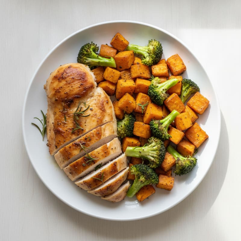Herb-Roasted Chicken with Sweet Potatoes and Broccoli
