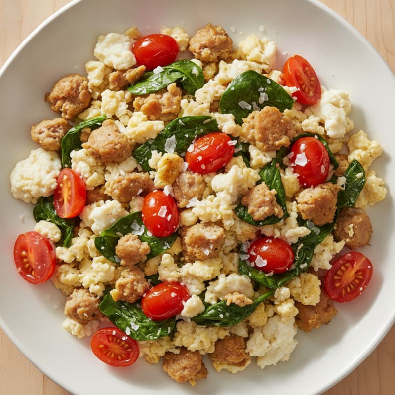 Egg White and Turkey Sausage Scramble with Spinach and Tomatoes