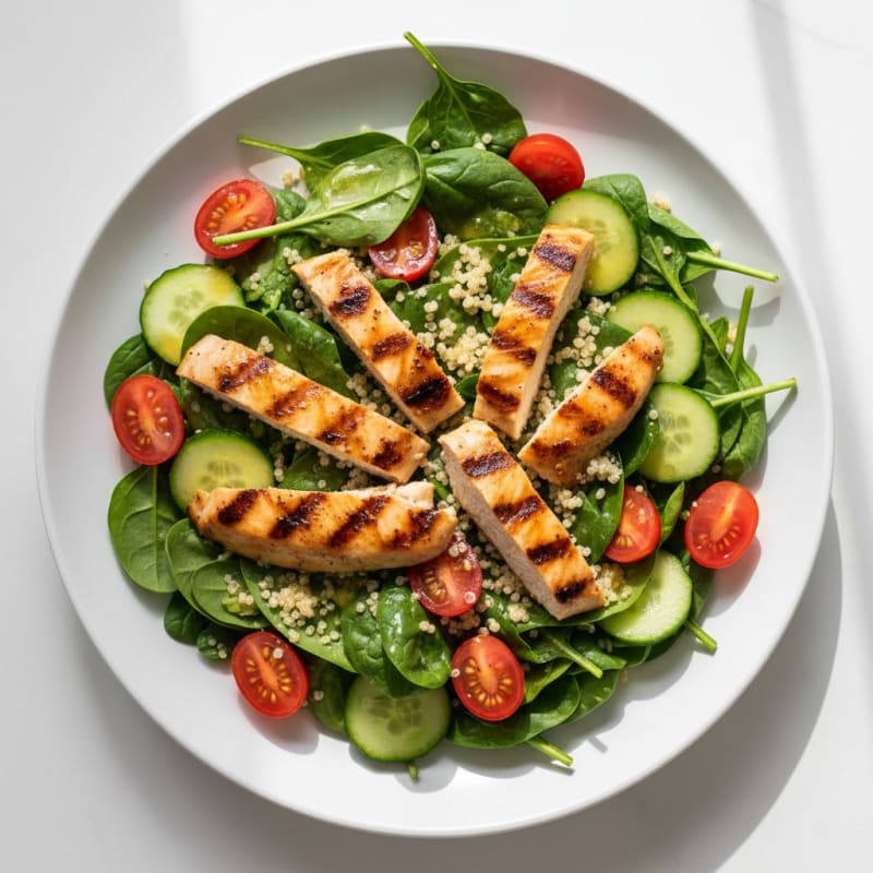 Grilled Chicken Spinach Salad with Quinoa and Lemon Vinaigrette