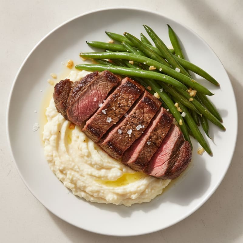 Seared Lean Beef with Garlic Green Beans and Cauliflower Mash