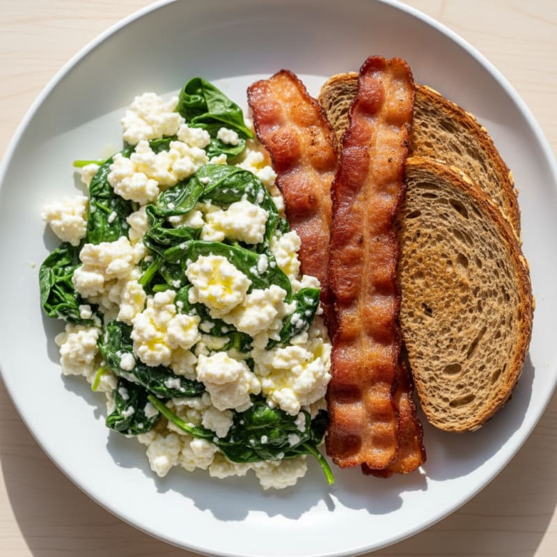 Cottage Cheese Egg White Scramble with Spinach and Turkey Bacon