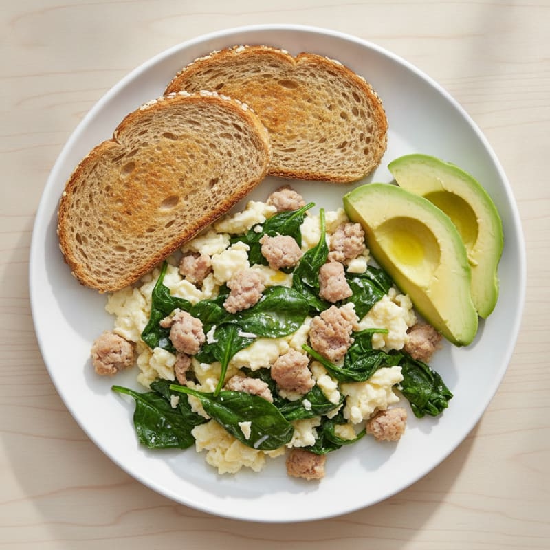 Egg White Scramble with Turkey Sausage and Sautéed Spinach