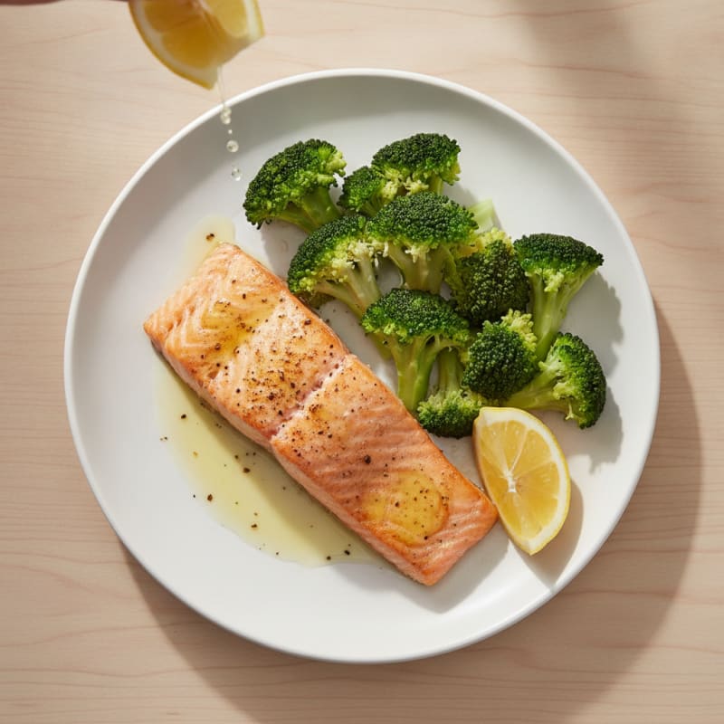 Seared Salmon with Steamed Broccoli and Lemon