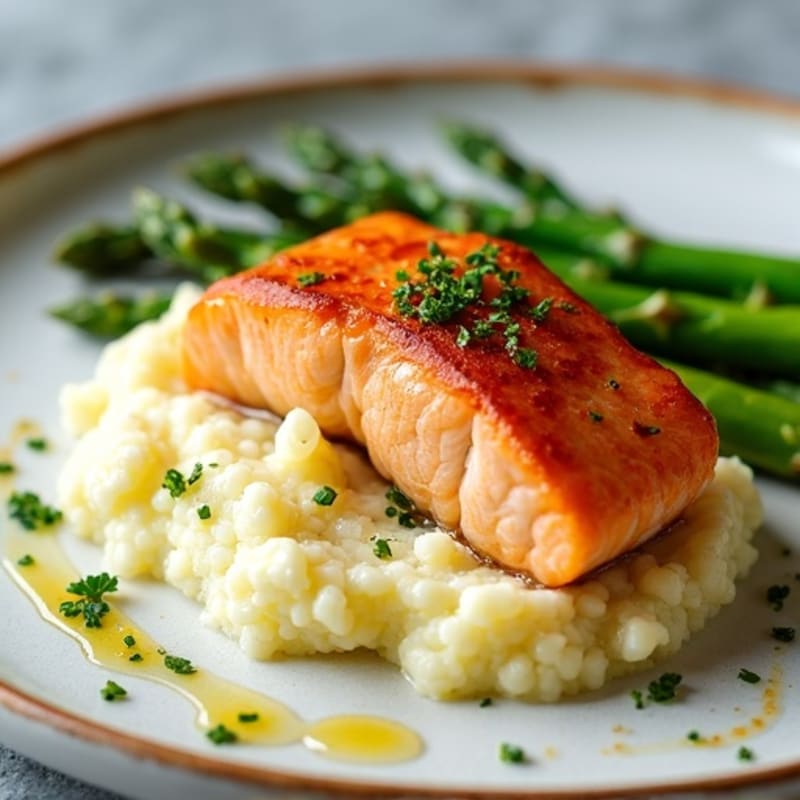 Seared Salmon with Steamed Asparagus and Cauliflower Mash