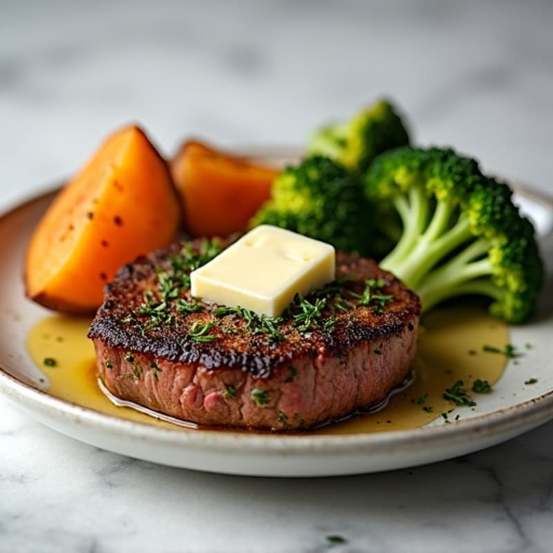 Herb-Crusted Beef Steak with Roasted Broccoli and Sweet Potato