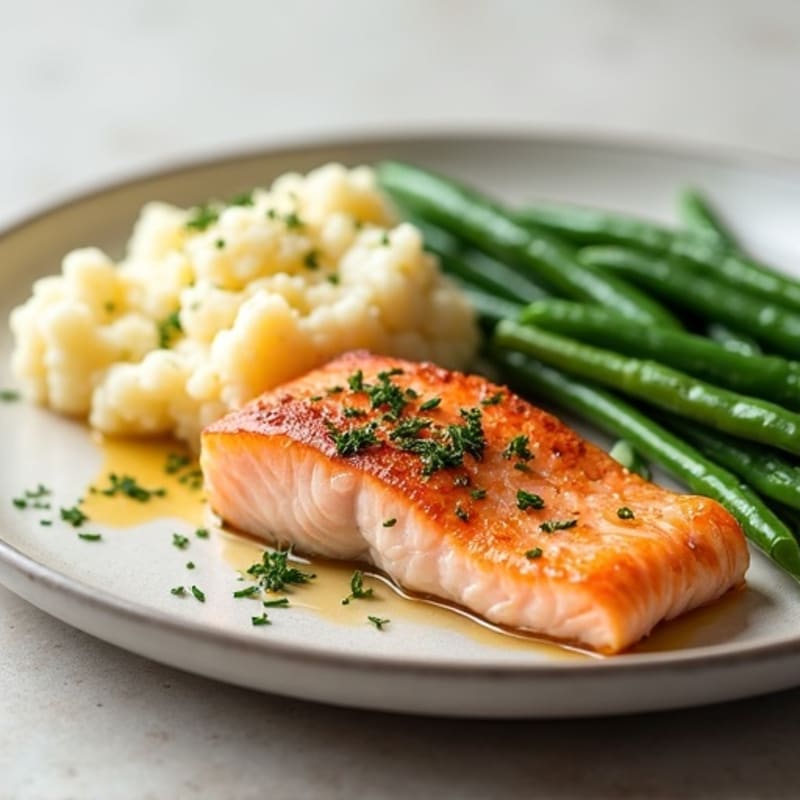 Seared Salmon Fillet with Steamed Green Beans and Garlic Mashed Cauliflower