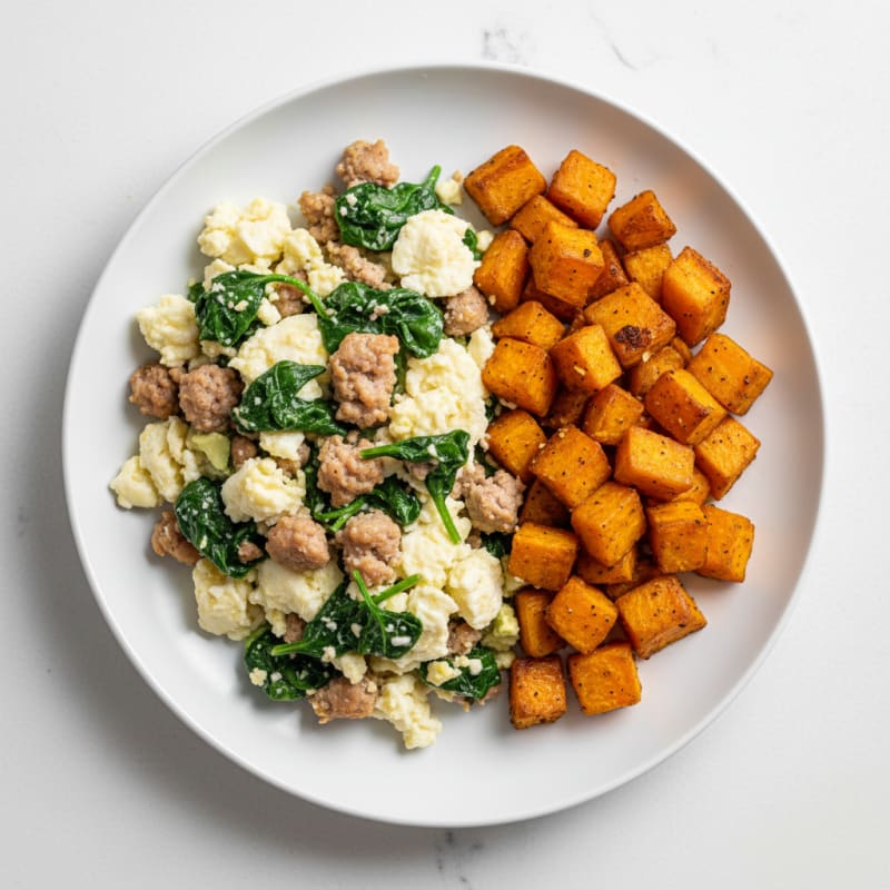 Egg White and Turkey Sausage Scramble with Spinach and Roasted Sweet Potatoes