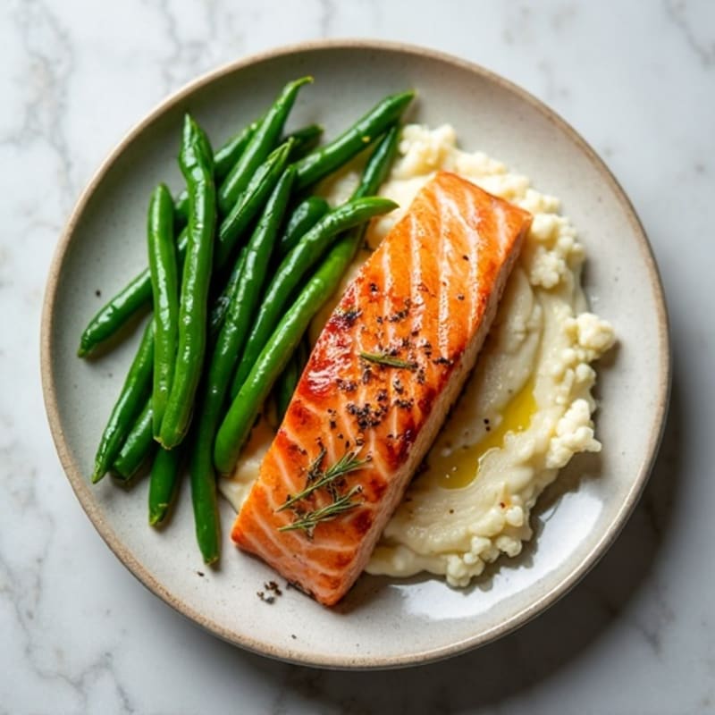 Seared Salmon with Cauliflower Mash and Steamed Green Beans