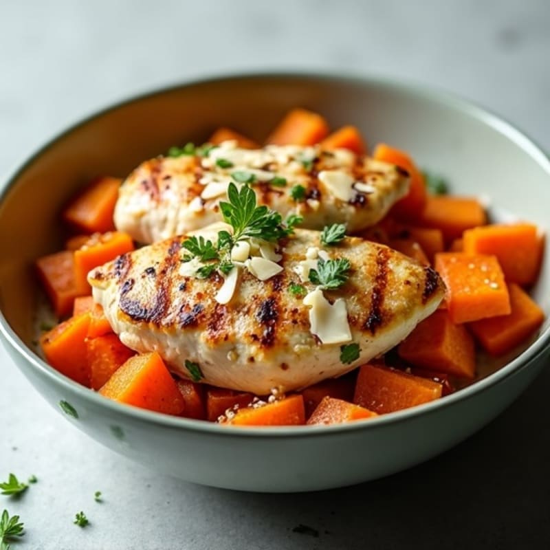 Grilled Chicken and Roasted Sweet Potato Bowl with Shaved Parmesan