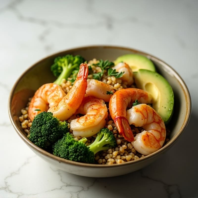 Seared Shrimp and Quinoa Power Bowl with Roasted Broccoli