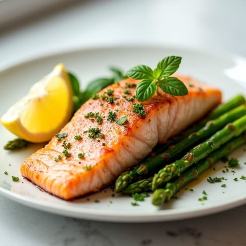 Seared Salmon Fillet with Steamed Asparagus and Lemon
