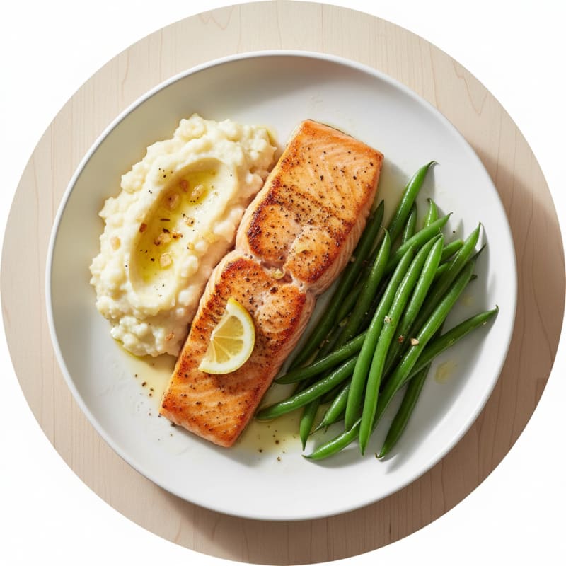 Seared Salmon with Steamed Green Beans and Garlic Mashed Cauliflower