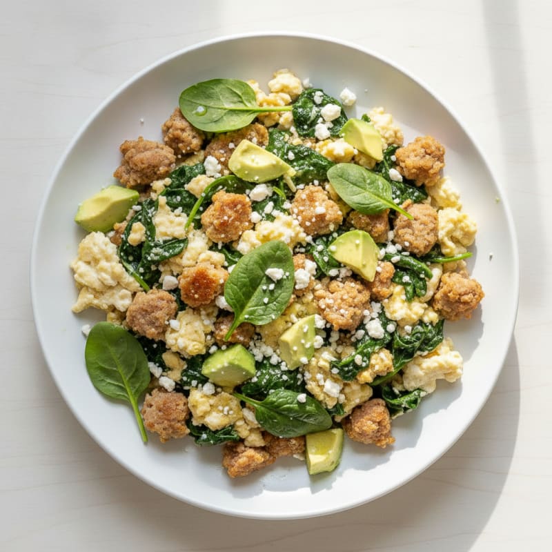 Egg White and Turkey Sausage Scramble with Spinach and Feta