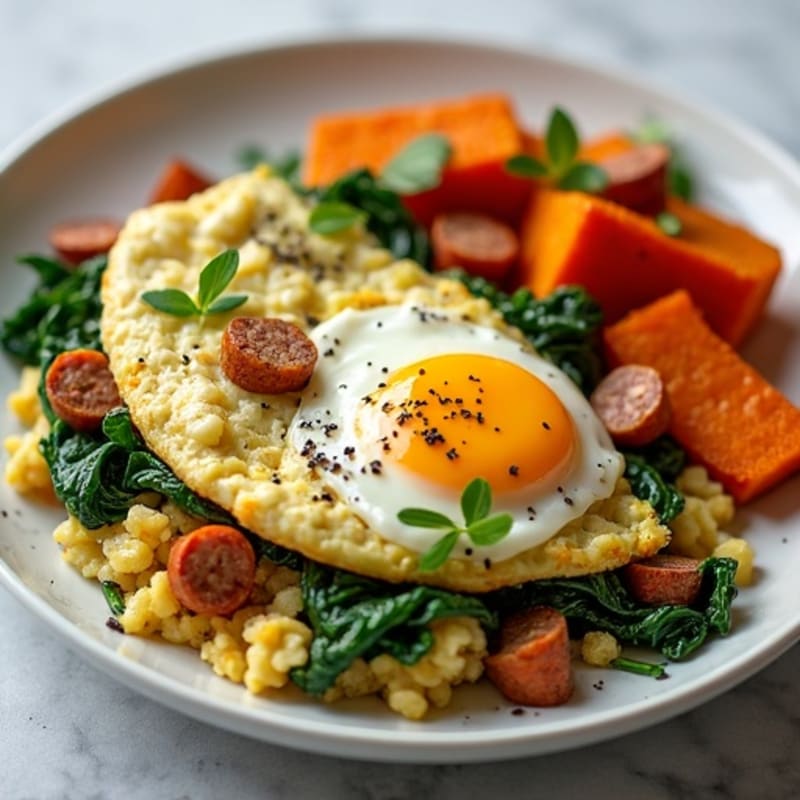 Chicken Sausage and Spinach Egg Scramble with Sweet Potatoes