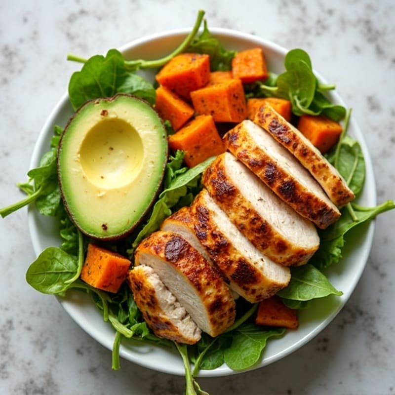 Grilled Chicken Salad with Roasted Sweet Potatoes and Creamy Avocado