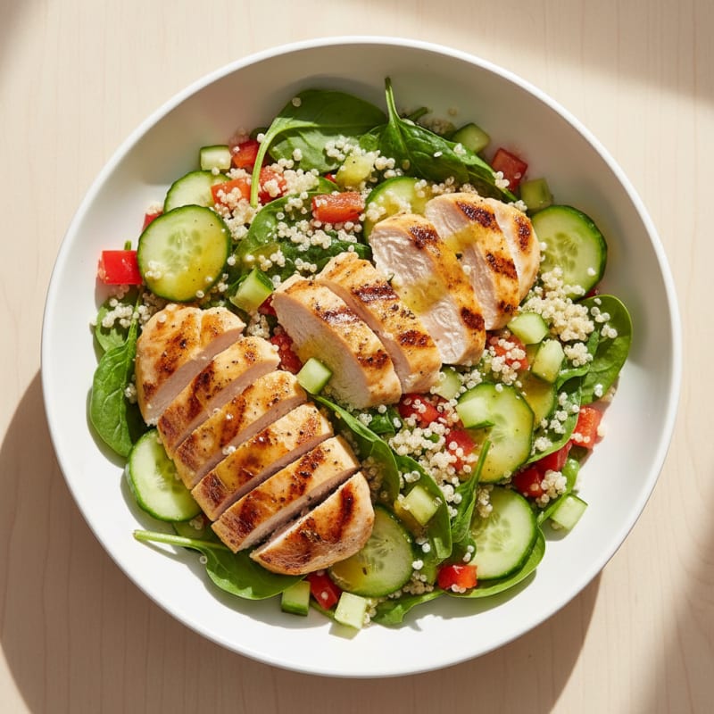 Grilled Chicken Breast Salad with Quinoa and Crunchy Vegetables